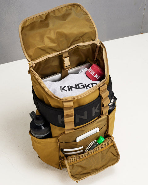 Lifting belt, sweater, laptop, shaker, water bottle and EDC essentials packed inside large desert CORE Backpack