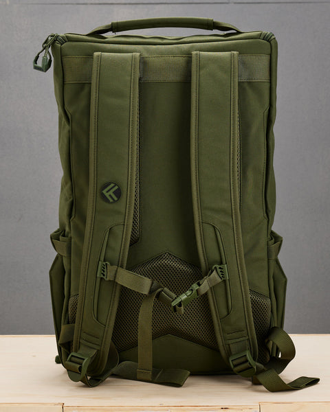 Back view of shoulder straps on green CORE Backpack