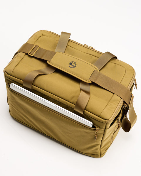 Top view of desert CONQUER Duffel laptop sleeve