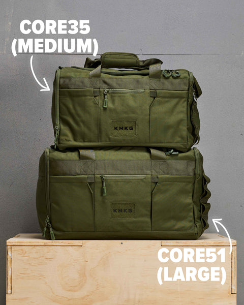 Medium and large CORE Duffel stacked on top of each other, showing size difference