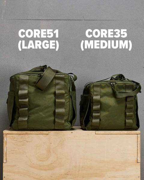 Side by side of large and medium CORE Duffel showing size difference