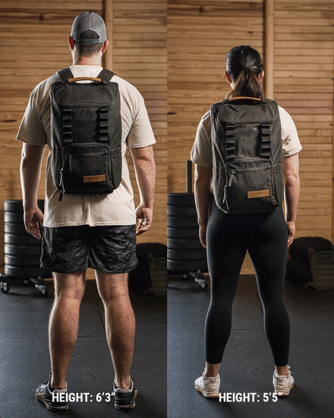 Man and women wearing KNKG Waxed Canvas Backpack side by side