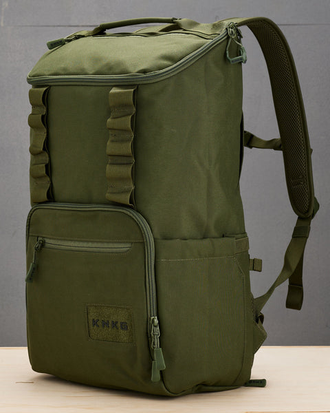 Side profile view of large green CORE Backpack