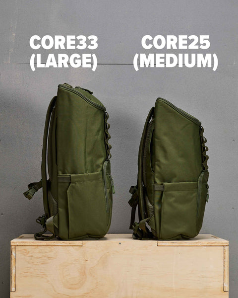 Side by side comparison of large and medium sized CORE Backpack