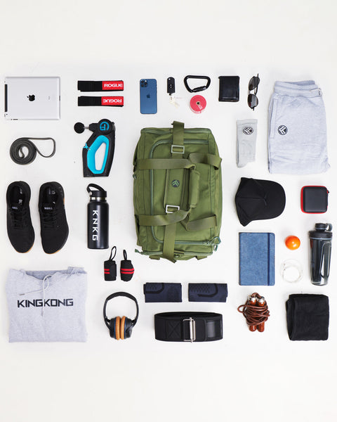 Birds eye view flat lay green CORE Duffel