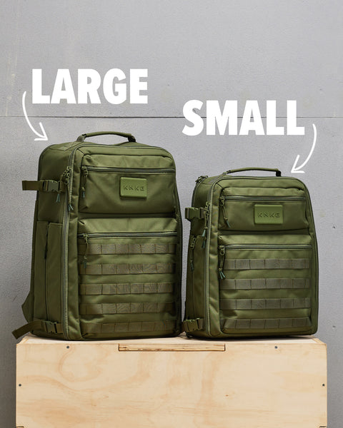 Size comparison between LARGE and SMALL CONQUER Backpacks