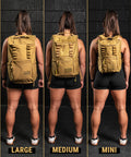 Athlete wearing large, medium and mini size of CORE Backpack in Desert color