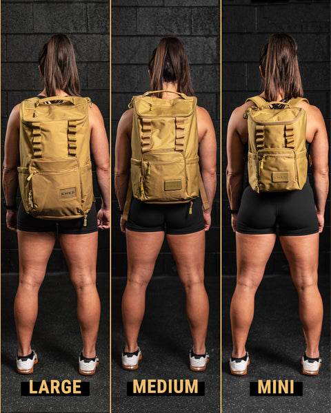 Athlete wearing large, medium and mini size of CORE Backpack in Desert color