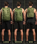 Three views of green mini size KNKG CORE Backpack on a person against a black background