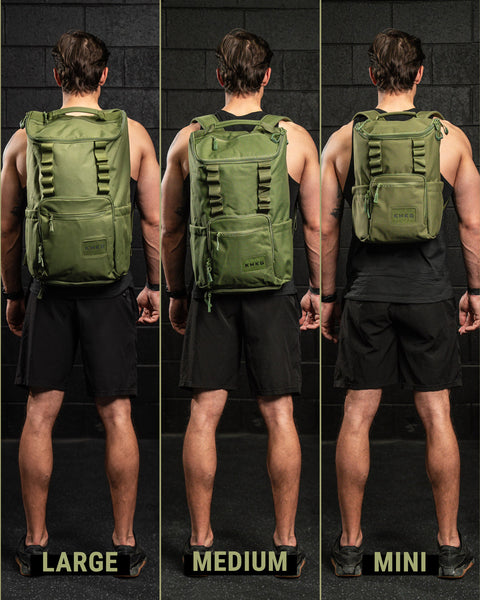 Three views of green mini size KNKG CORE Backpack on a person against a black background