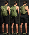 Three views of a person wearing a green CORE backpack labeled 'Large', 'Medium', and 'Mini' against a dark background.