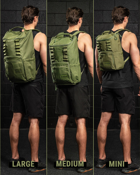 Three views of a person wearing a green CORE backpack labeled 'Large', 'Medium', and 'Mini' against a dark background.
