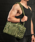 Person wearing green KNKG mini duffel over shoulder inside gym