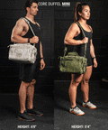 Mini size duffel being worn by male and female athlete in gym