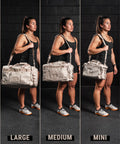 Three panels showing a woman holding different sizes of duffel bags against a black brick wall.