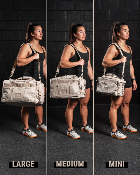 Three panels showing a woman holding different sizes of duffel bags against a black brick wall.