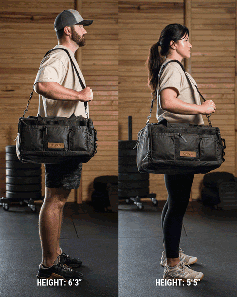 KNKG Waxed Canvas Duffel worn by male and female athlete, side by side